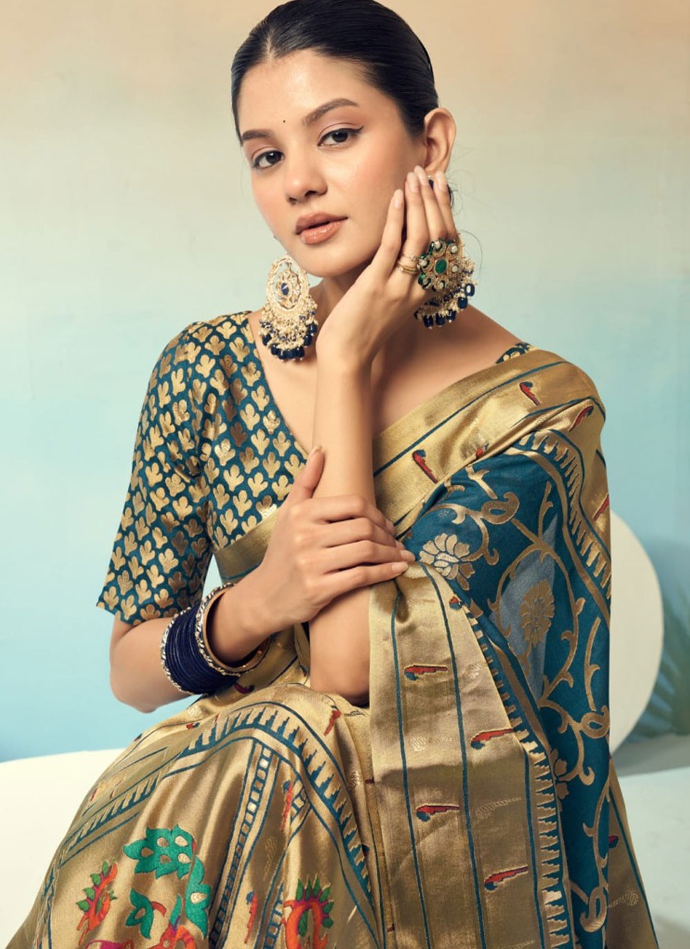 Weaving Zari Georgette Morpeach Saree S14555