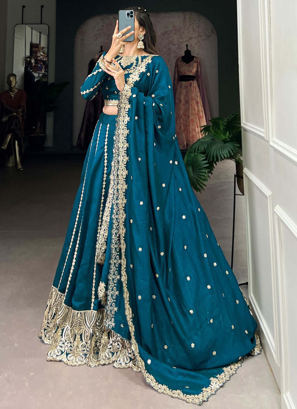 Vichitra Silk Mehandi & Sangeet A - Line Lehenga L3556