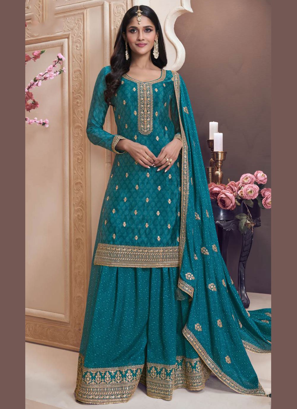 Embroidered Chinon Morpeach Salwar Suit T6022
