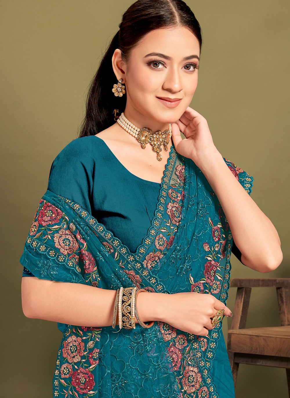Cut Work Net Morpeach Saree S14464