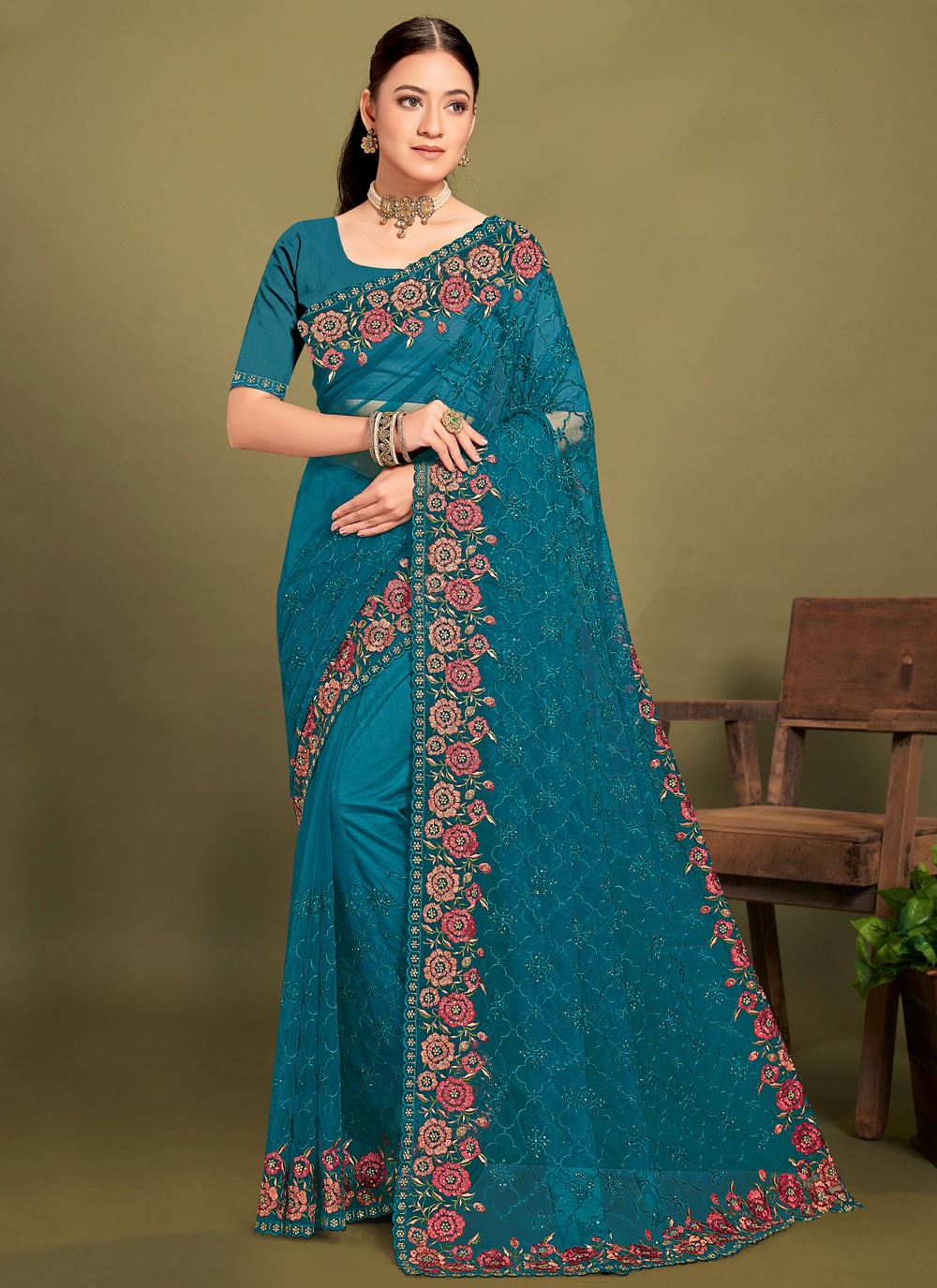 Cut Work Net Morpeach Saree S14464