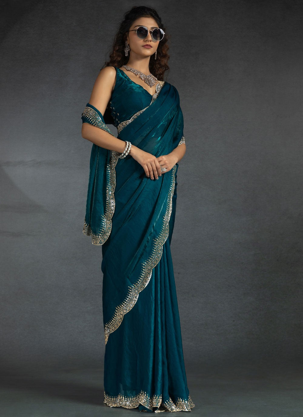 Border Work Satin Silk Morpeach Classic Saree S14978