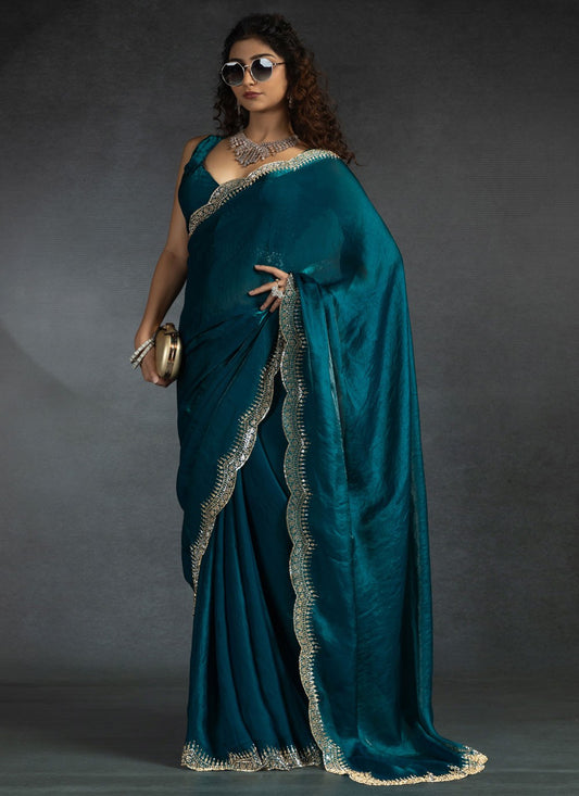 Border Work Satin Silk Morpeach Classic Saree S14978
