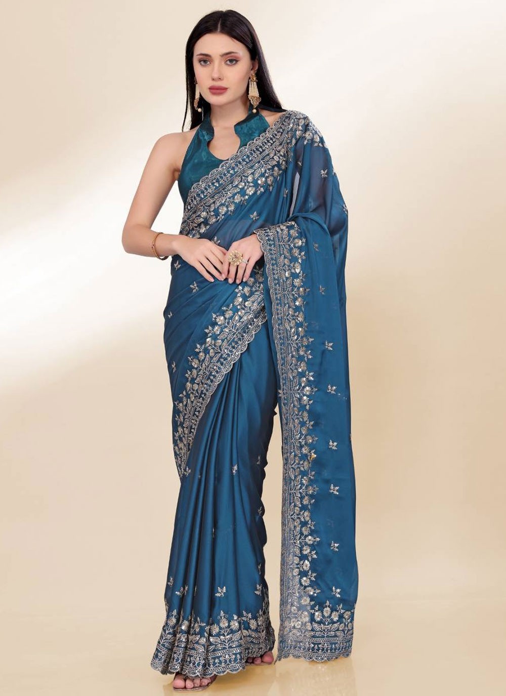 Designer Embroidered Morpeach Chinon Saree S13673