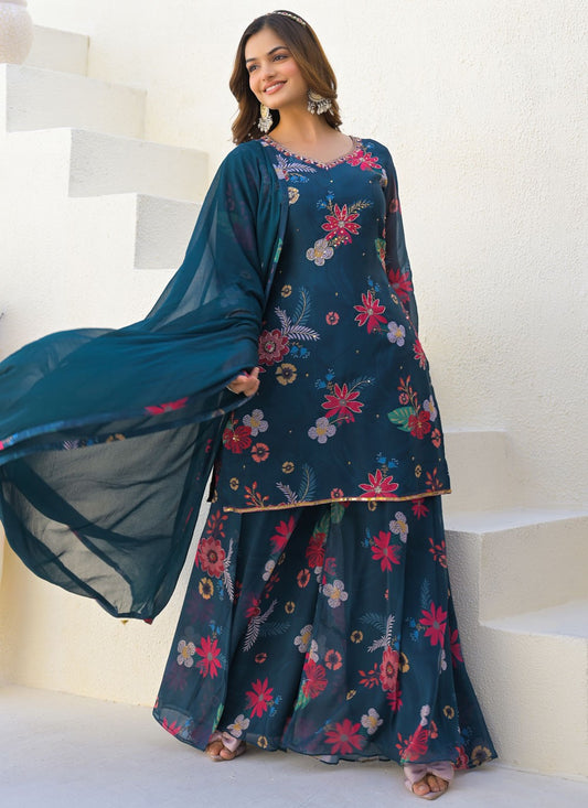 Sharara Suit Digital Print, Sequins, Zari Morpeach T7132