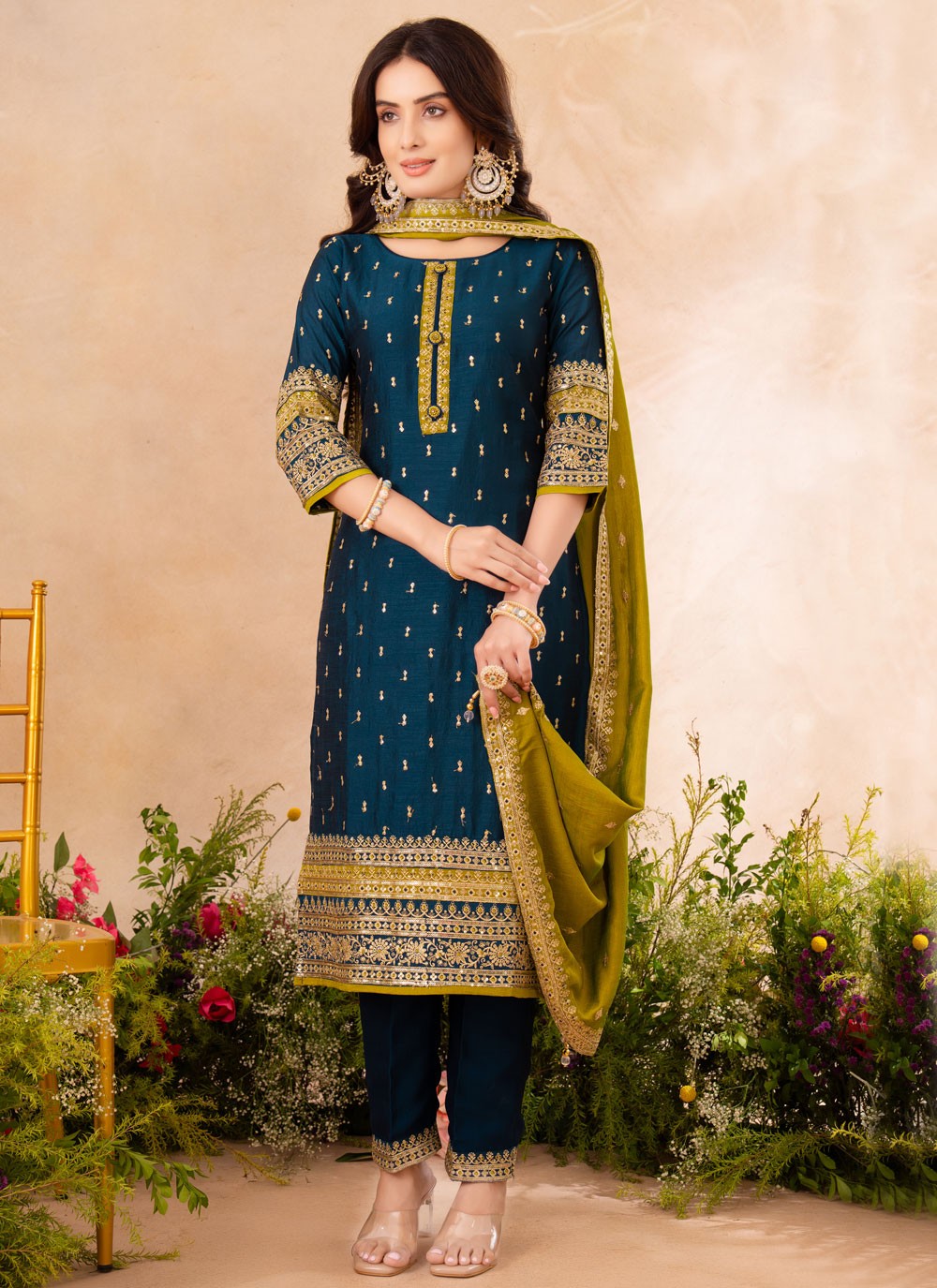 Pant Style Suit Embroidered, Zari Morpeach T7591