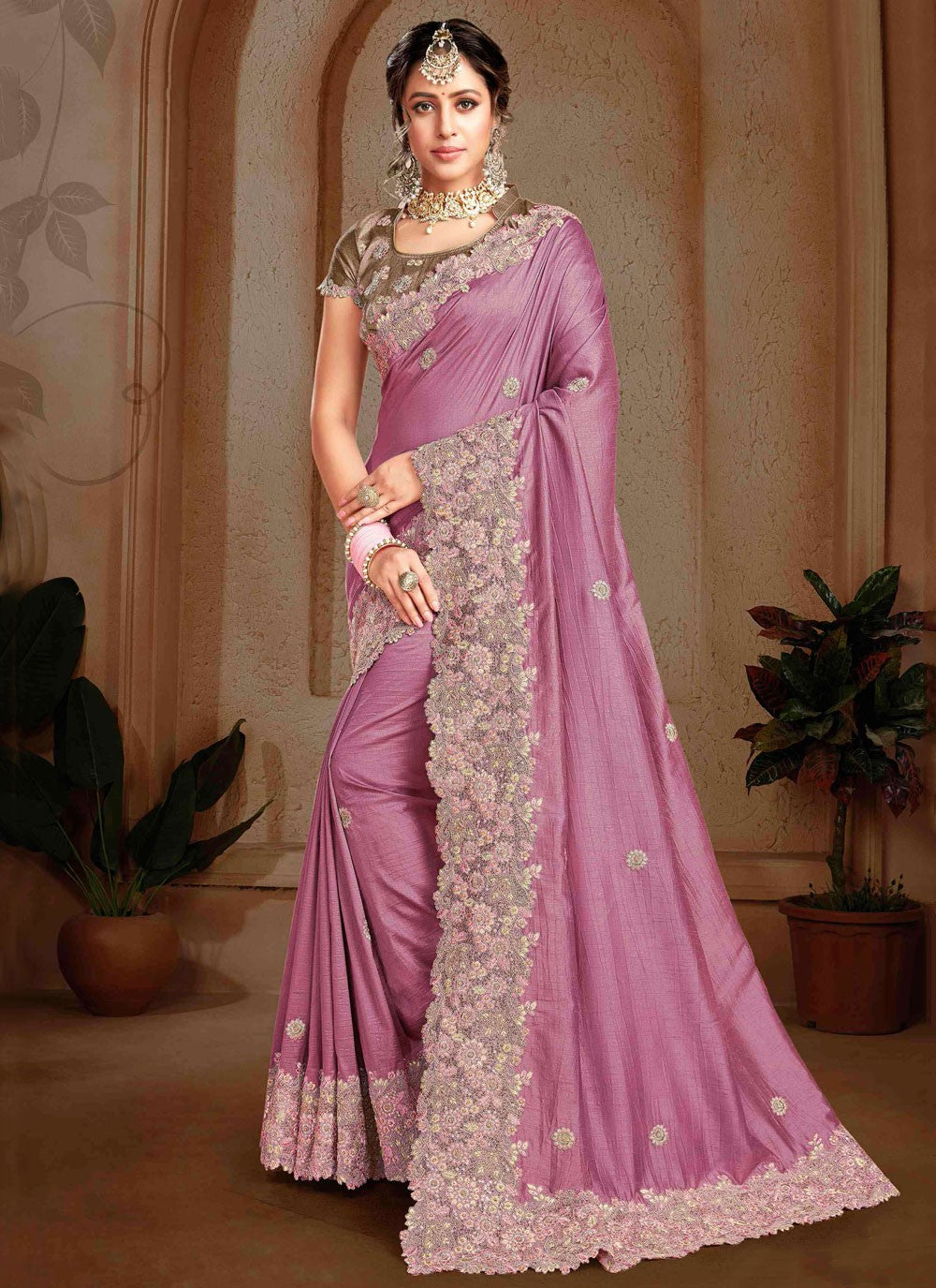 Border Work, Cut Work, Embroidered, Moti, Stones Art Silk Saree - S12121