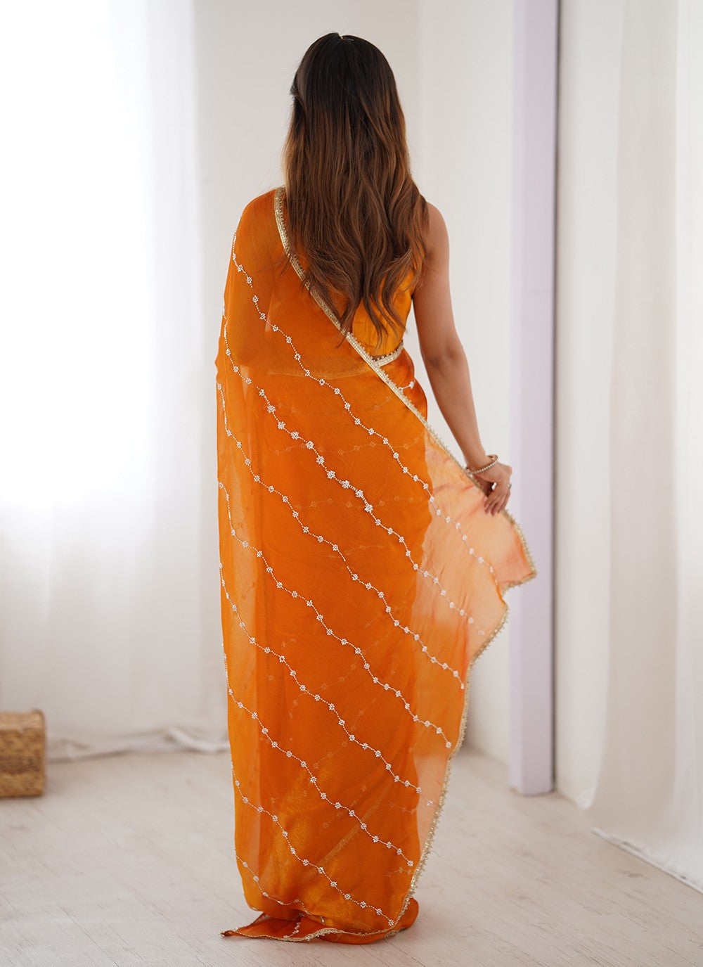Orange Chiffon Contemporary Saree Beads, Lace, Moti S16286
