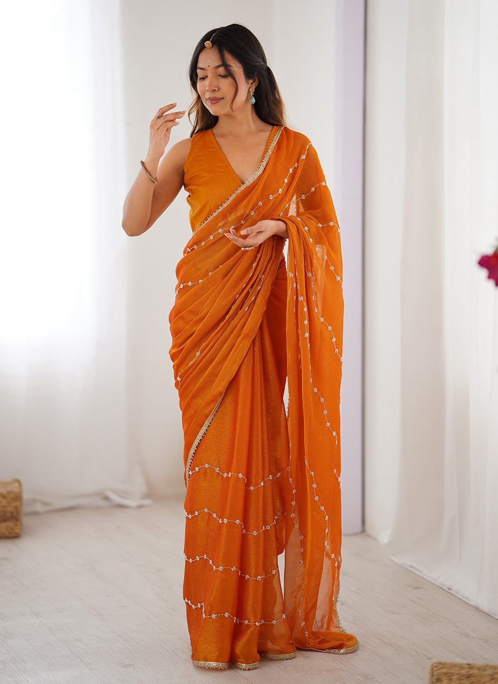 Orange Chiffon Contemporary Saree Beads, Lace, Moti S16286
