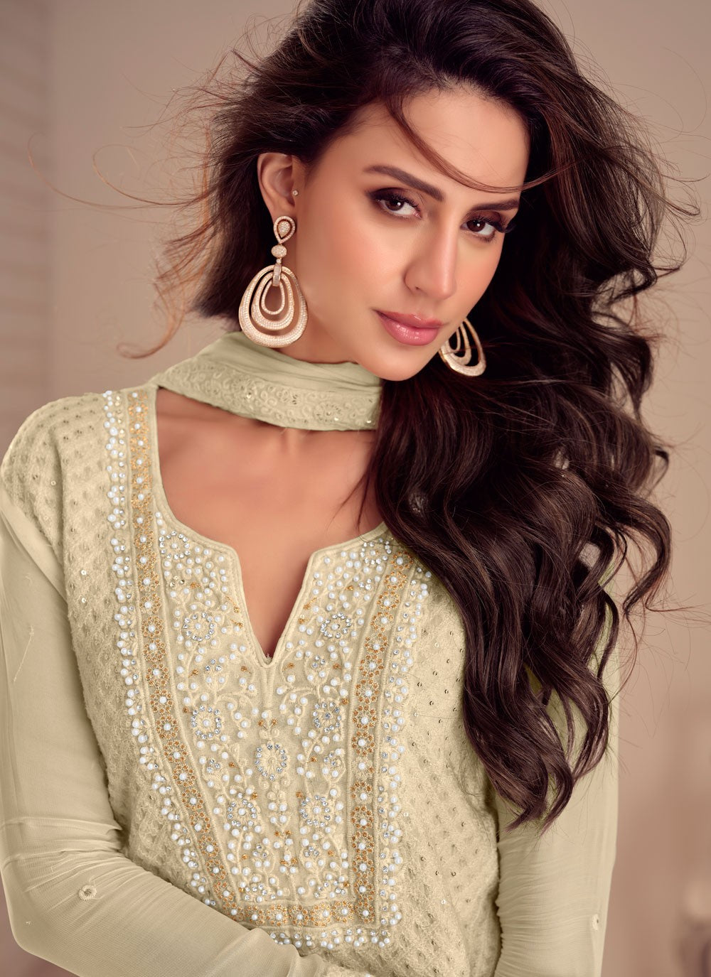 Embroidered Georgette Cream Salwar Suit T5974