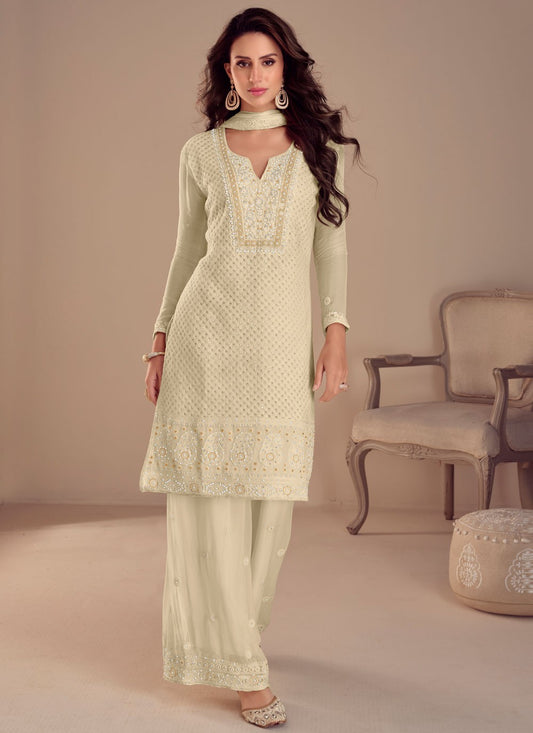 Embroidered Georgette Cream Salwar Suit T5974
