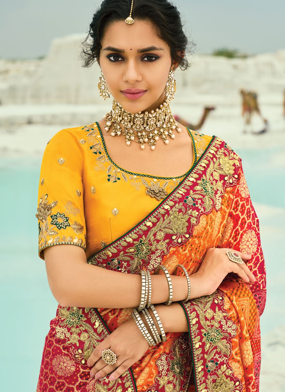 Multi Colour Pure Georgette Classic Saree Bandhej, Cutdana, Embroidered, Fancy Work, Moti, Zari S19128