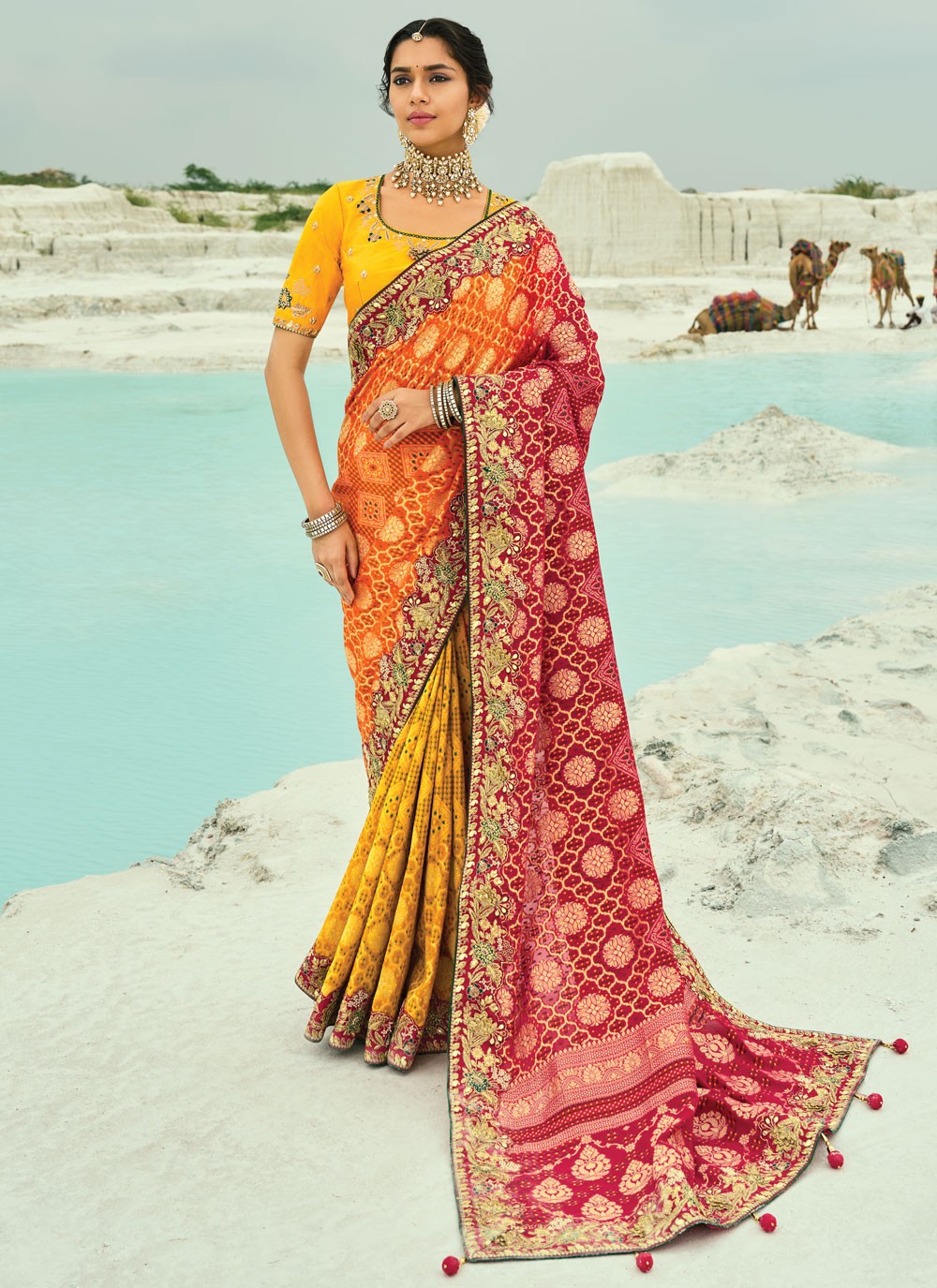 Multi Colour Pure Georgette Classic Saree Bandhej, Cutdana, Embroidered, Fancy Work, Moti, Zari S19128