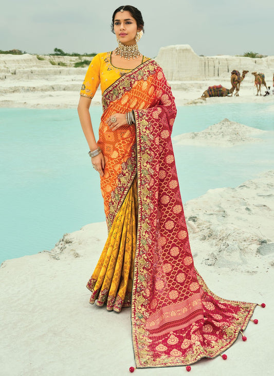 Multi Colour Pure Georgette Classic Saree Bandhej, Cutdana, Embroidered, Fancy Work, Moti, Zari S19128