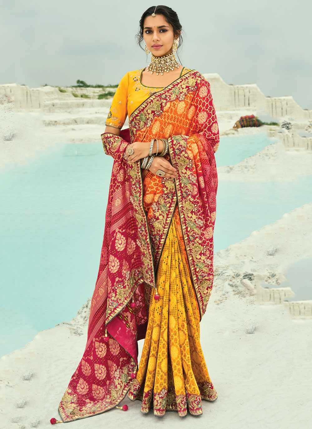 Multi Colour Pure Georgette Classic Saree Bandhej, Cutdana, Embroidered, Fancy Work, Moti, Zari S19128