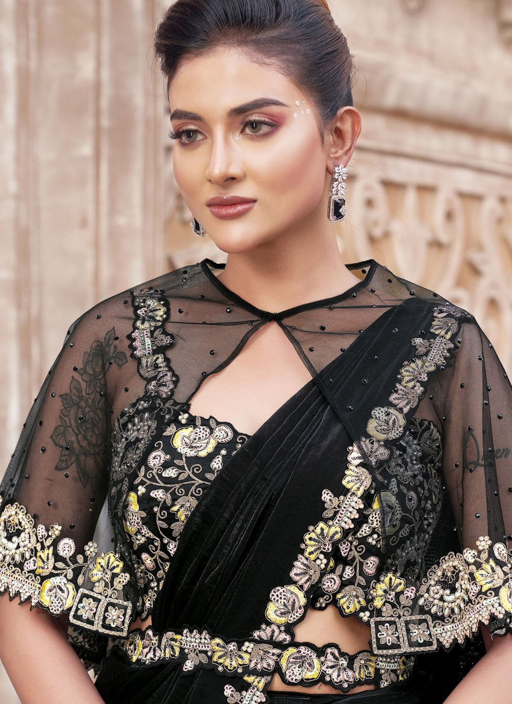 Moti Satin Silk Black Saree S14528