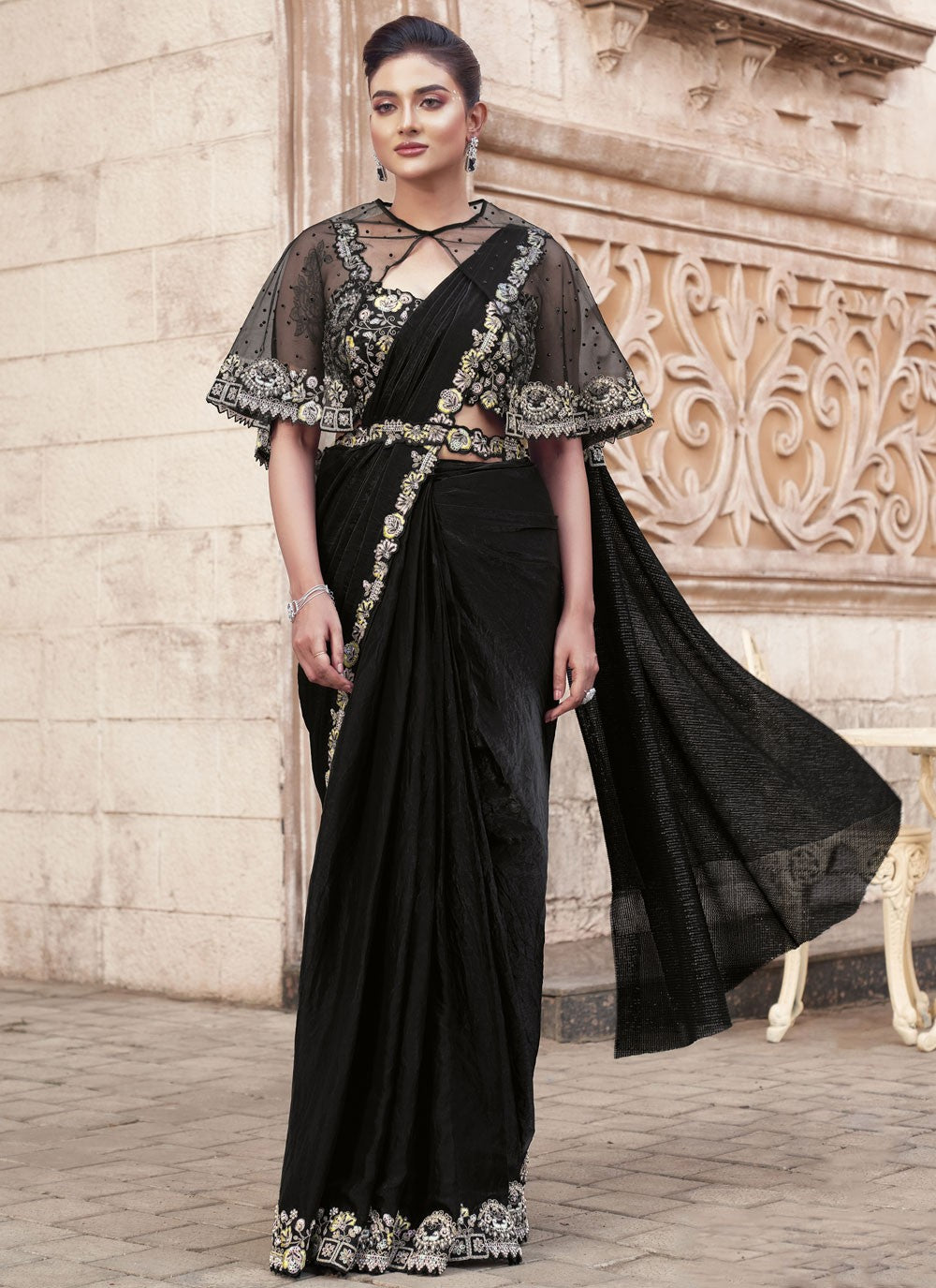 Moti Satin Silk Black Saree S14528