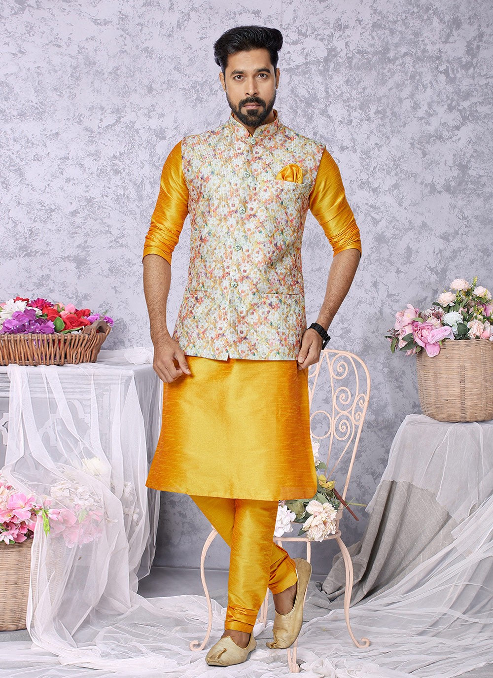 Embroidered Banarasi Silk, Polyester Multi Colour, Mustard Kurta Payjama With Jacket - M5550