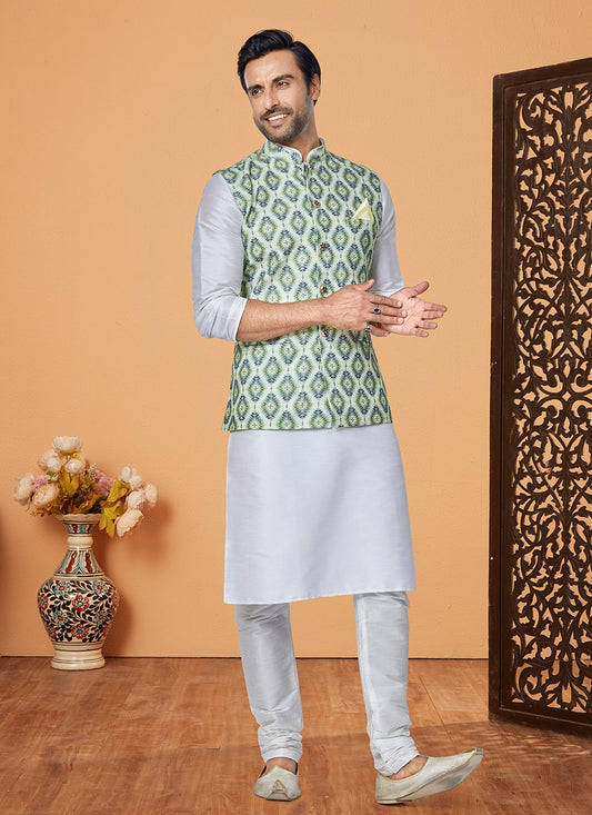 Embroidered Banarasi Silk, Polyester Multi Colour, Off White Kurta Payjama With Jacket - M5544