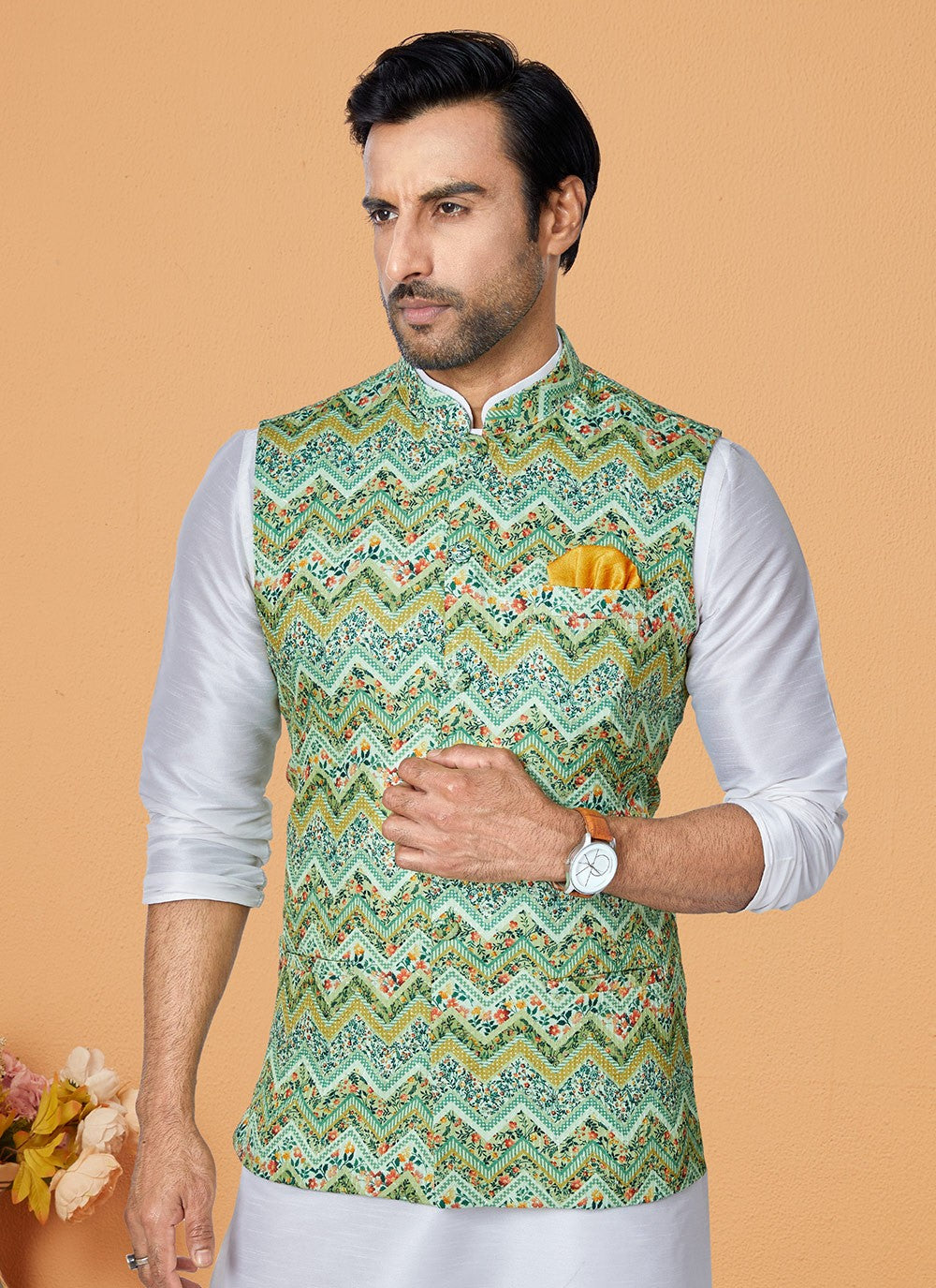 Embroidered Banarasi Silk, Polyester Multi Colour, Off White Kurta Payjama With Jacket - M5543