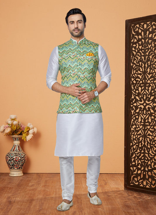 Embroidered Banarasi Silk, Polyester Multi Colour, Off White Kurta Payjama With Jacket - M5543