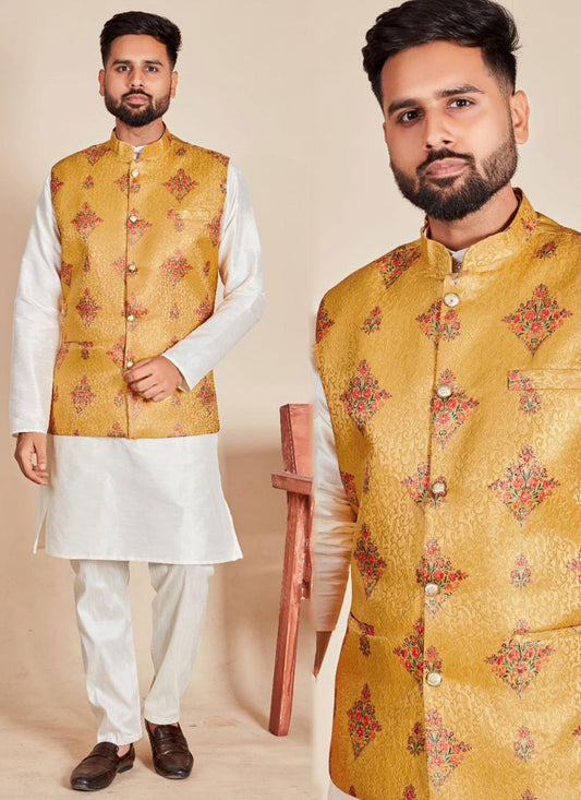Plain Silk Multi Colour, Off White Kurta Payjama With Jacket - M6858