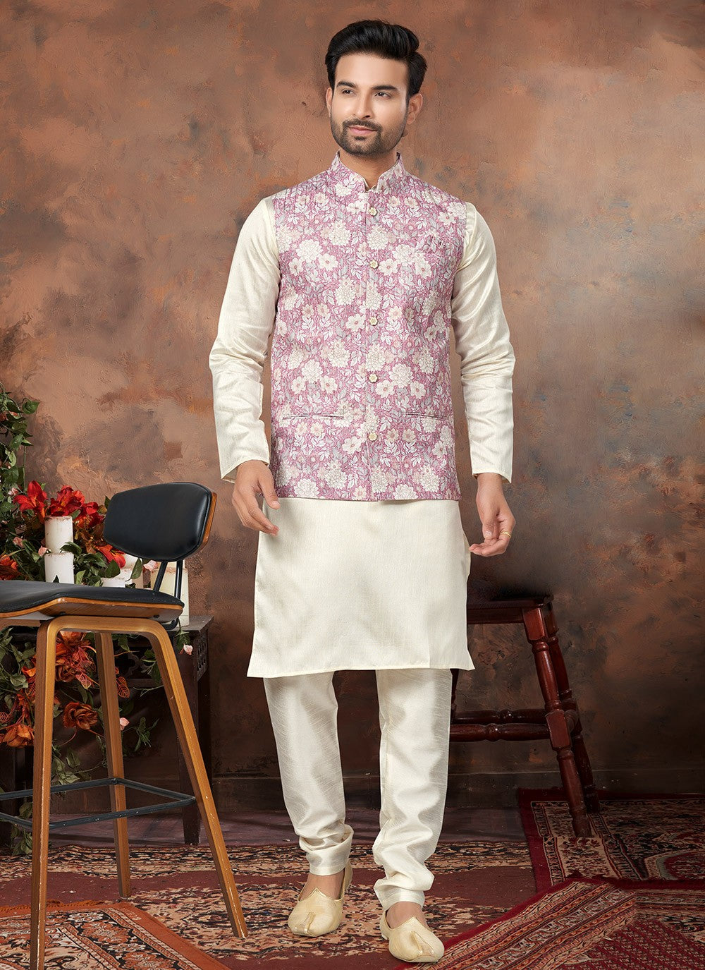 Digital Print Cotton Silk Multi Colour, Off White Kurta Payjama With Jacket - M6502