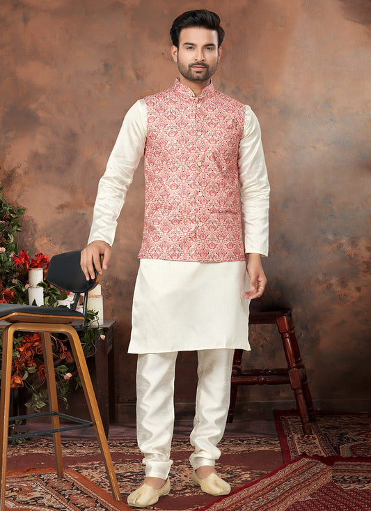 Digital Print Cotton Silk Multi Colour, Off White Kurta Payjama With Jacket - M6501