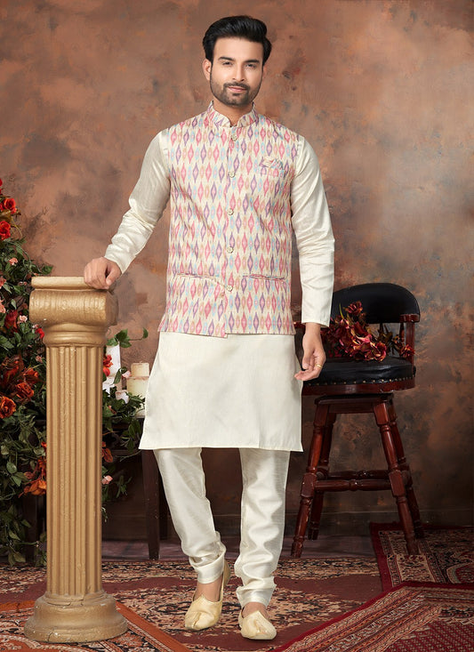 Digital Print Cotton Silk Multi Colour, Off White Kurta Payjama With Jacket - M6499