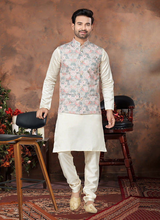 Digital Print Cotton Silk Multi Colour, Off White Kurta Payjama With Jacket - M6503