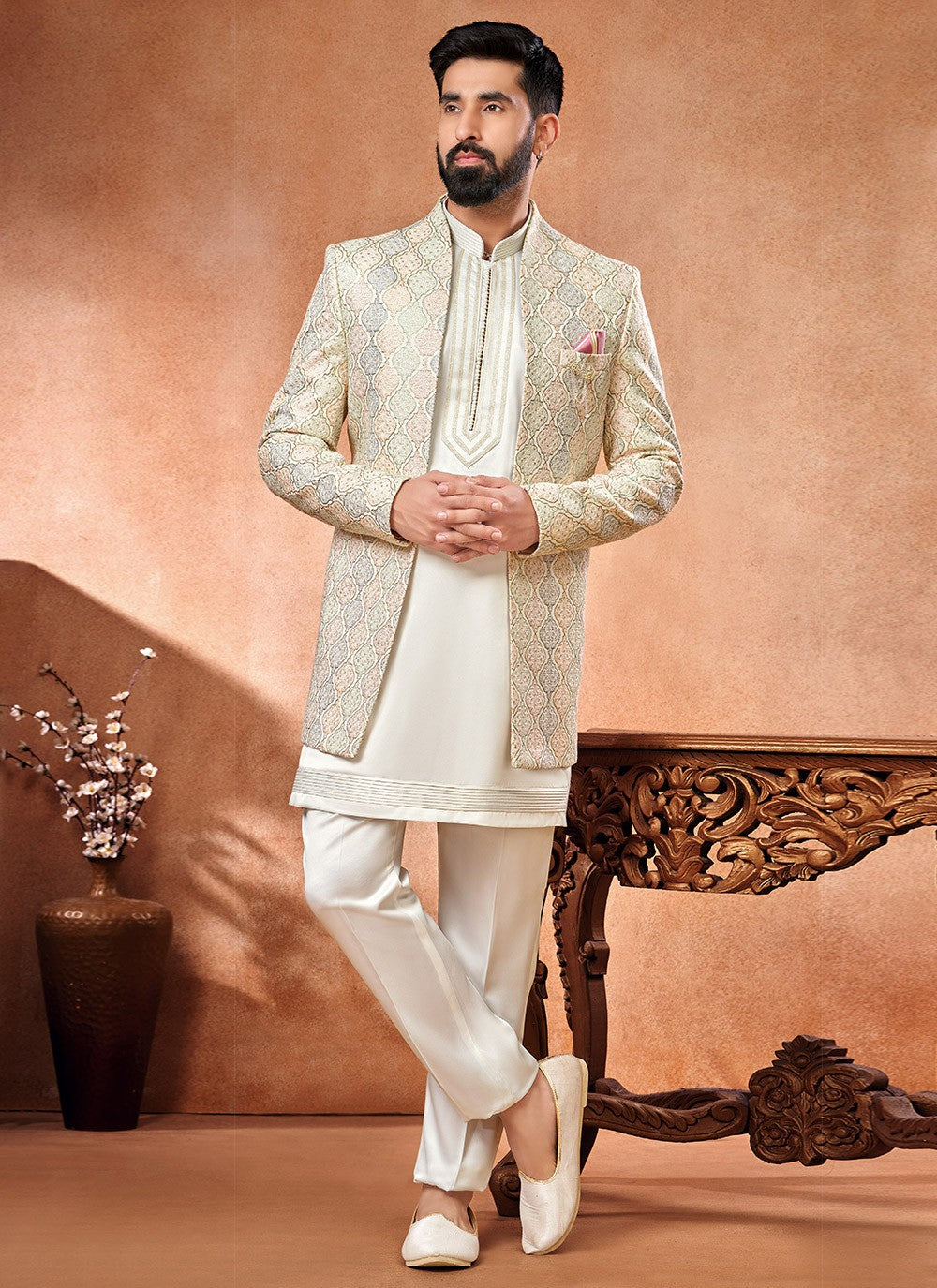 Embroidered Banarasi Silk Multi Colour, Off White Jodhpuri Suit - M6663