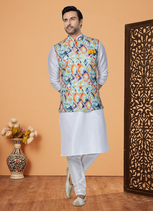 Embroidered Banarasi Silk, Polyester Multi Colour, Off White Kurta Payjama With Jacket - M5546