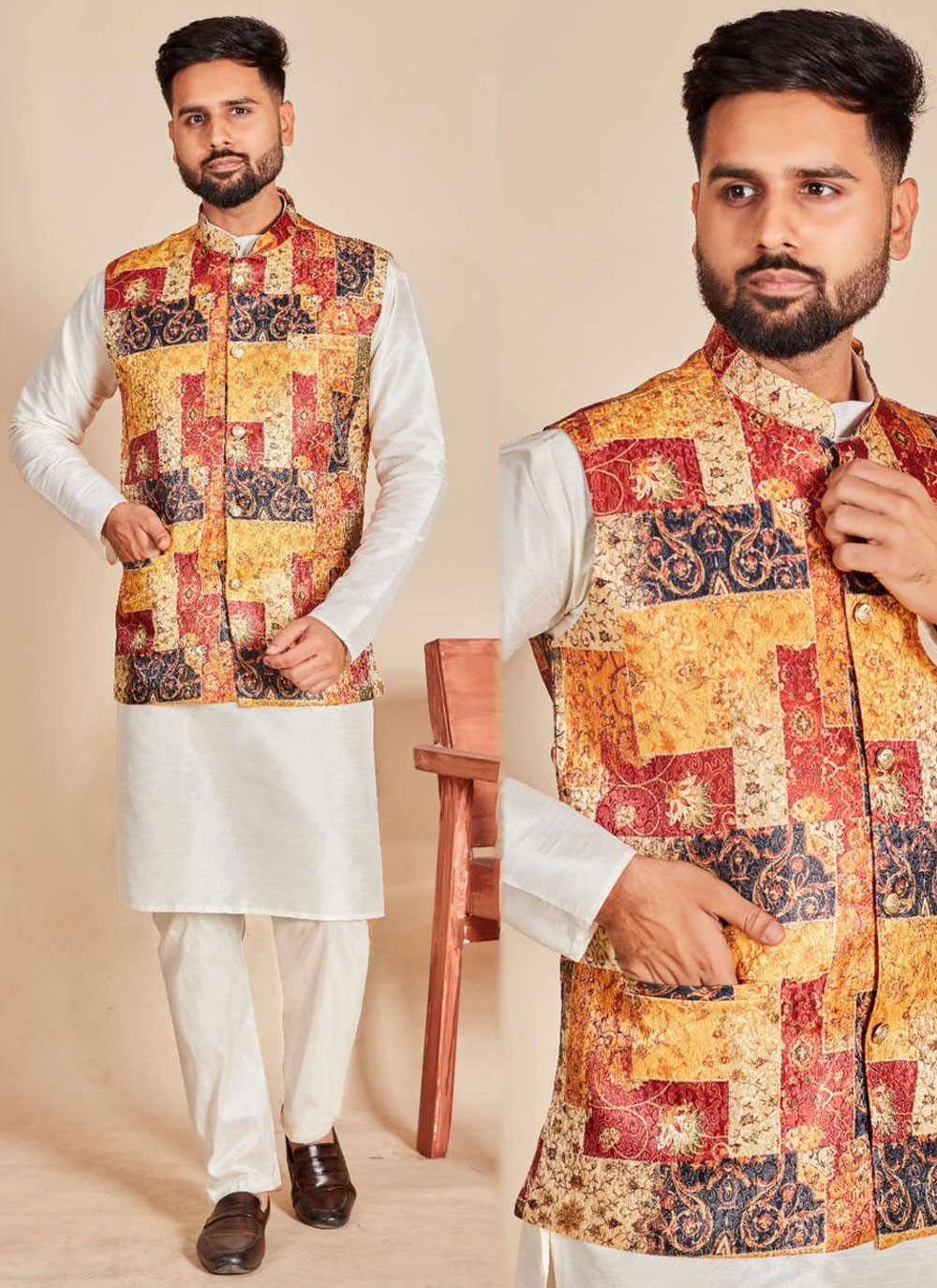 Plain Silk Multi Colour, Off White Kurta Payjama With Jacket - M6857