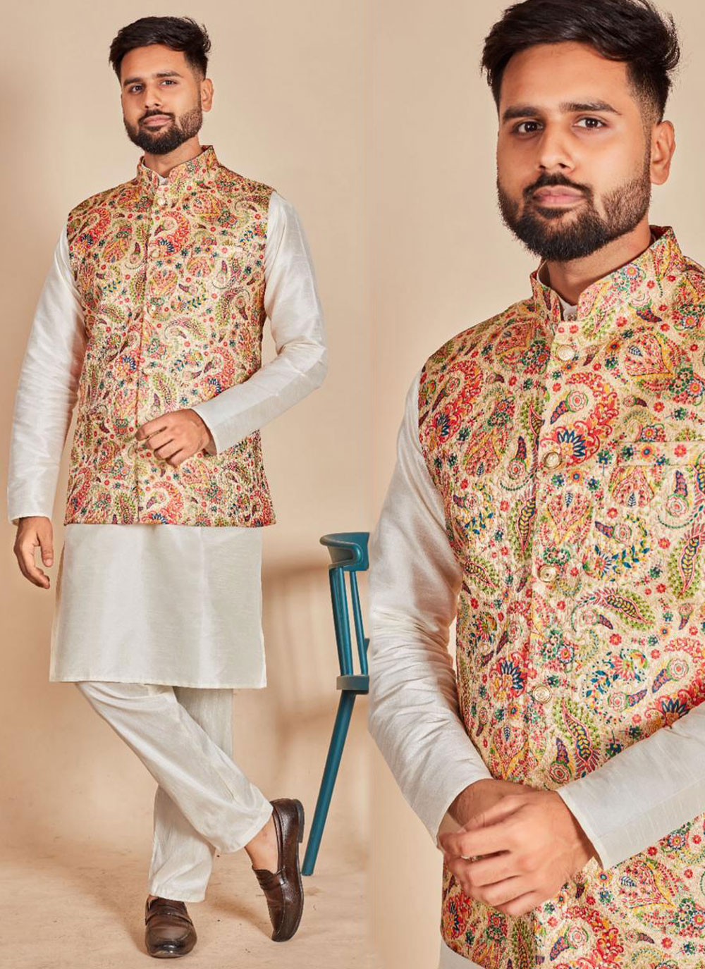 Plain Silk Multi Colour, Off White Kurta Payjama With Jacket - M6864