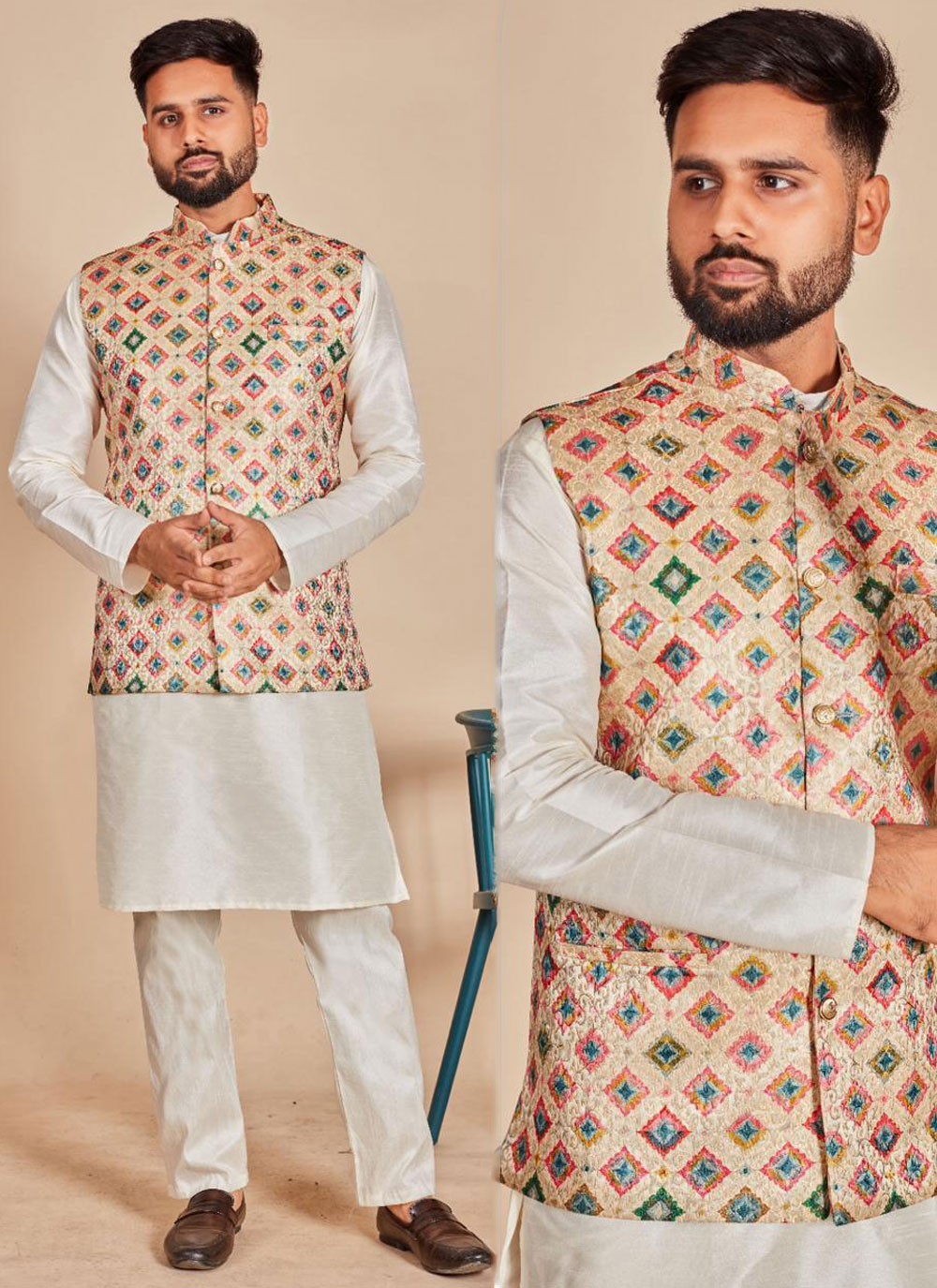 Plain Silk Multi Colour, Off White Kurta Payjama With Jacket - M6863