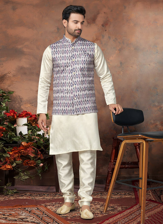 Digital Print Cotton Silk Multi Colour, Off White Kurta Payjama With Jacket - M6500