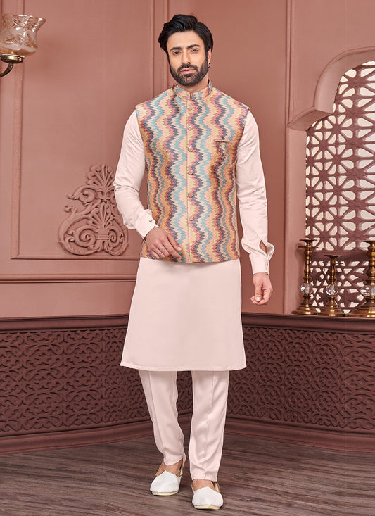 Embroidered Banarasi Silk Multi Colour, Peach Kurta Payjama With Jacket - M6333