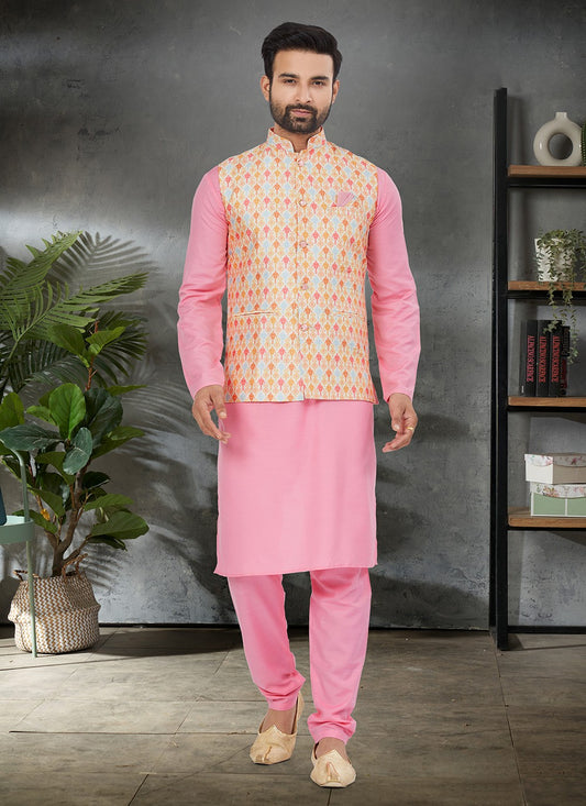 Digital Print Cotton , Silk Multi Colour, Pink Kurta Payjama With Jacket - M6477