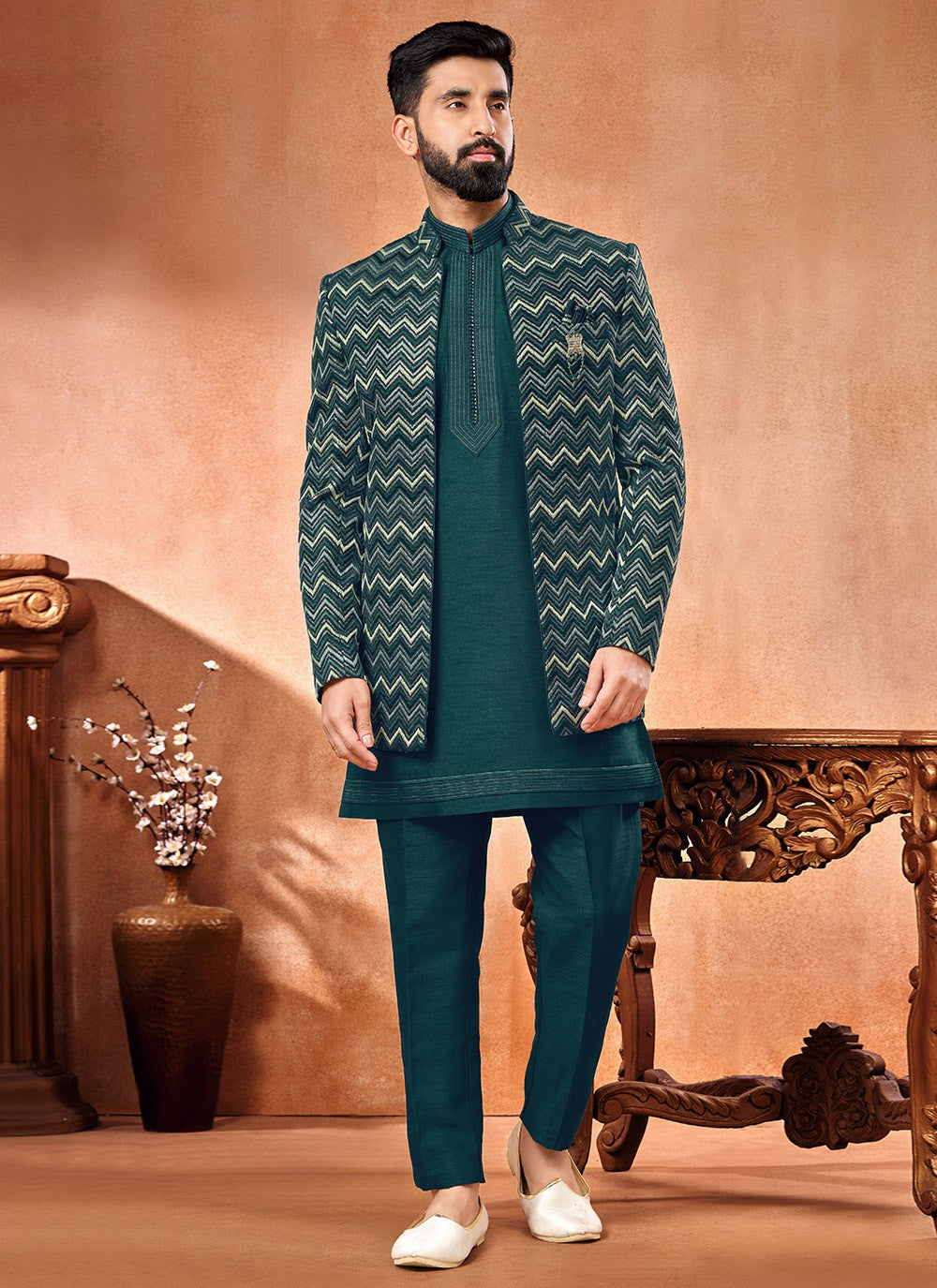 Embroidered Banarasi Silk Multi Colour, Rama Jodhpuri Suit - M6674