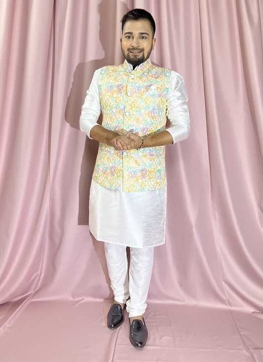 Embroidered Rayon, Silk Multi Colour, White Kurta Payjama With Jacket - M5899