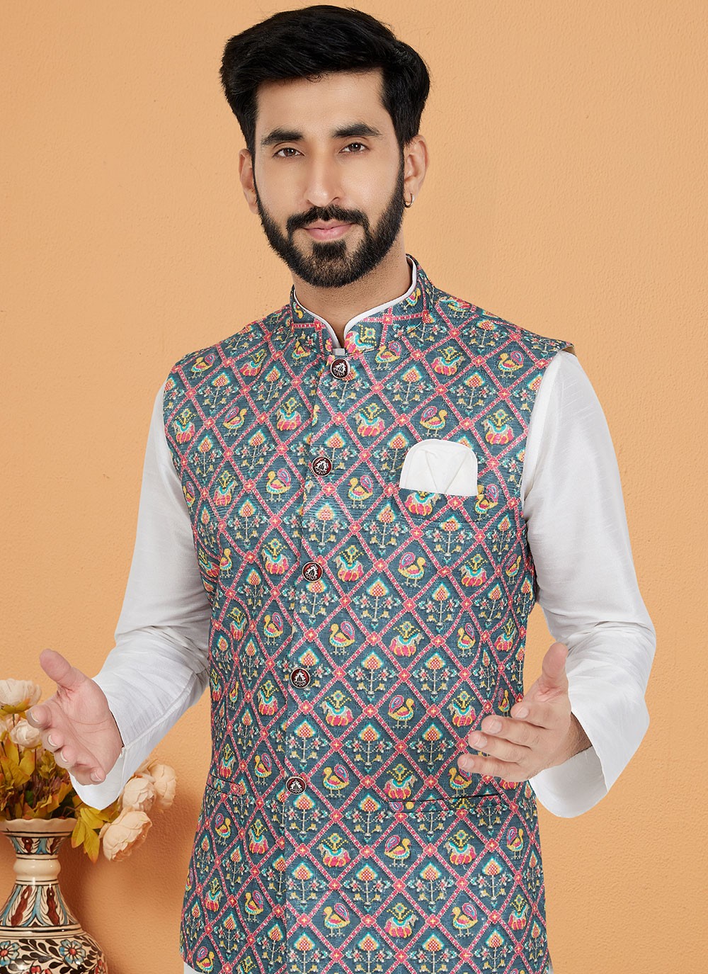 Embroidered Banarasi Silk, Polyester Multi Colour, White Kurta Payjama With Jacket - M5547