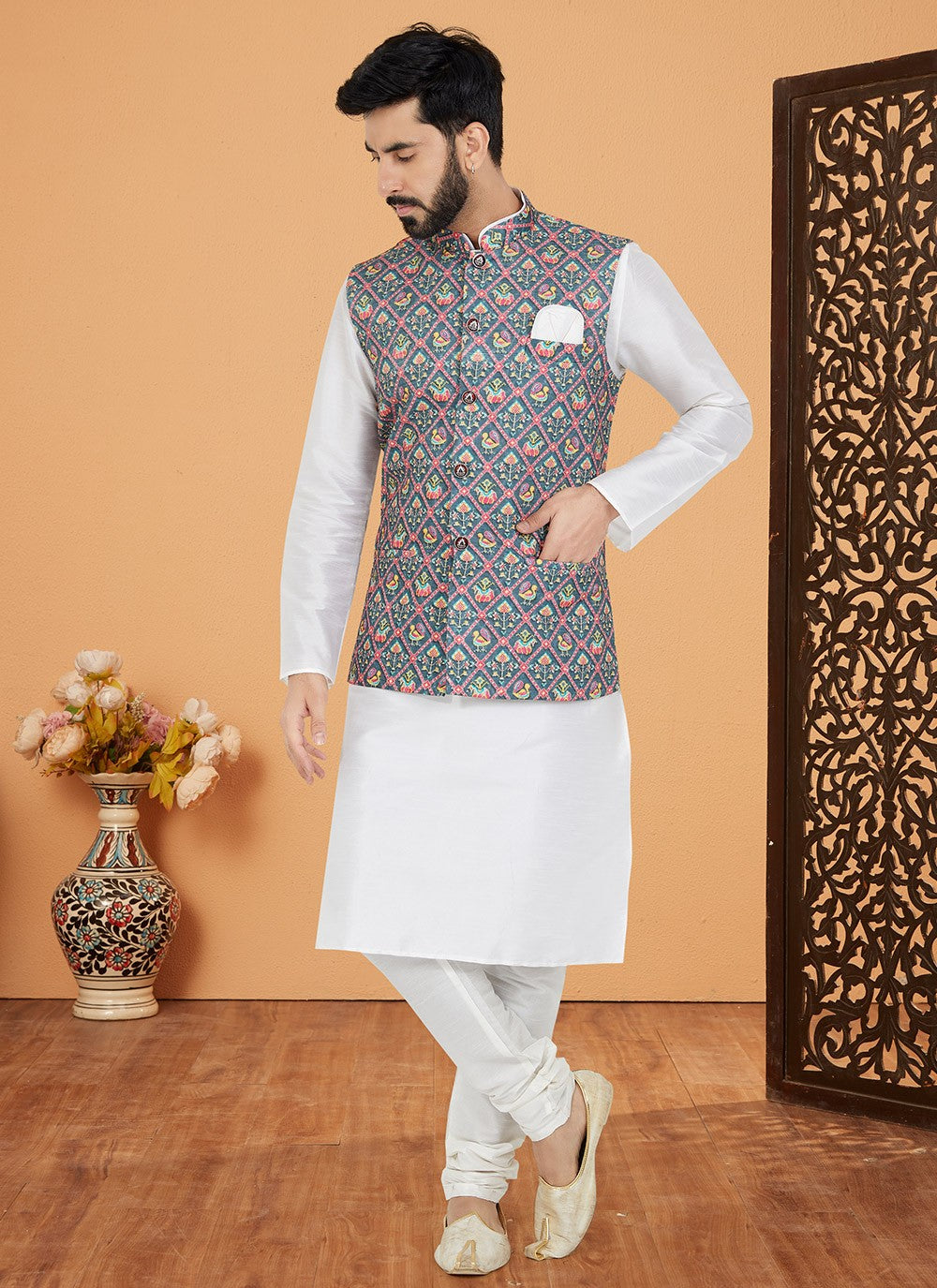 Embroidered Banarasi Silk, Polyester Multi Colour, White Kurta Payjama With Jacket - M5547