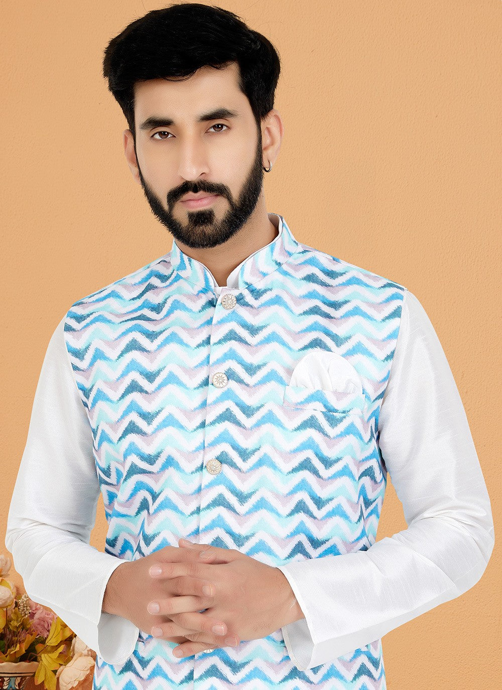 Digital Print Cotton , Dupion Silk Multi Colour, White Kurta Payjama With Jacket - M5522