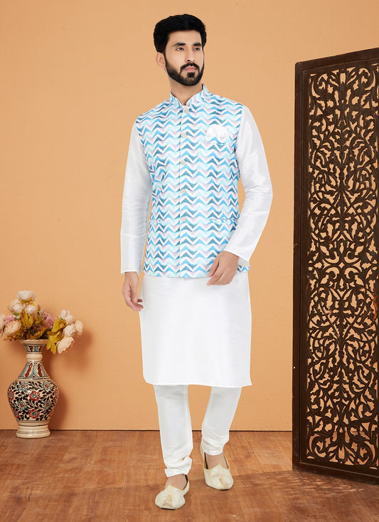 Digital Print Cotton , Dupion Silk Multi Colour, White Kurta Payjama With Jacket - M5522