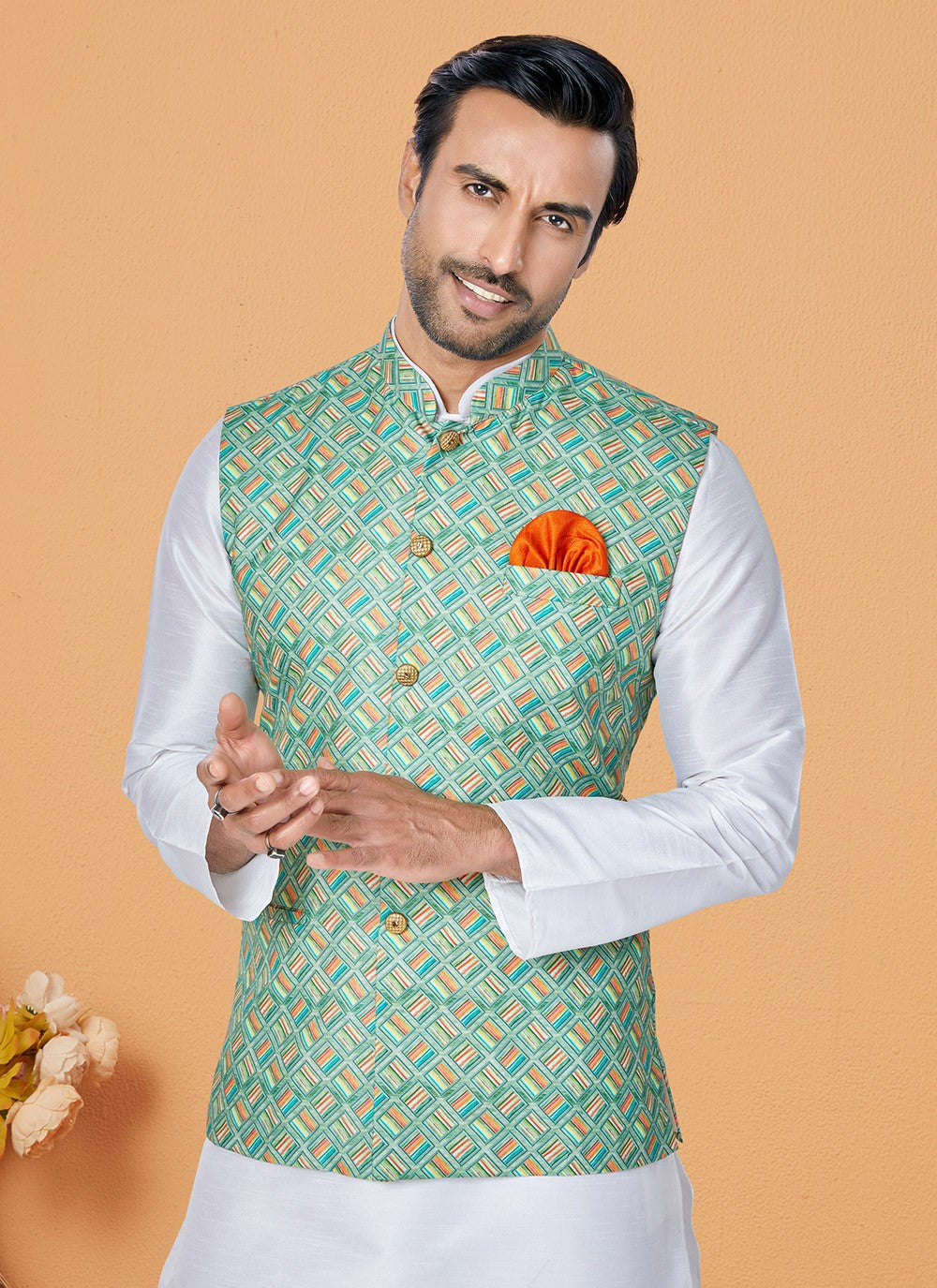 Digital Print Cotton , Dupion Silk Multi Colour, White Kurta Payjama With Jacket - M5524