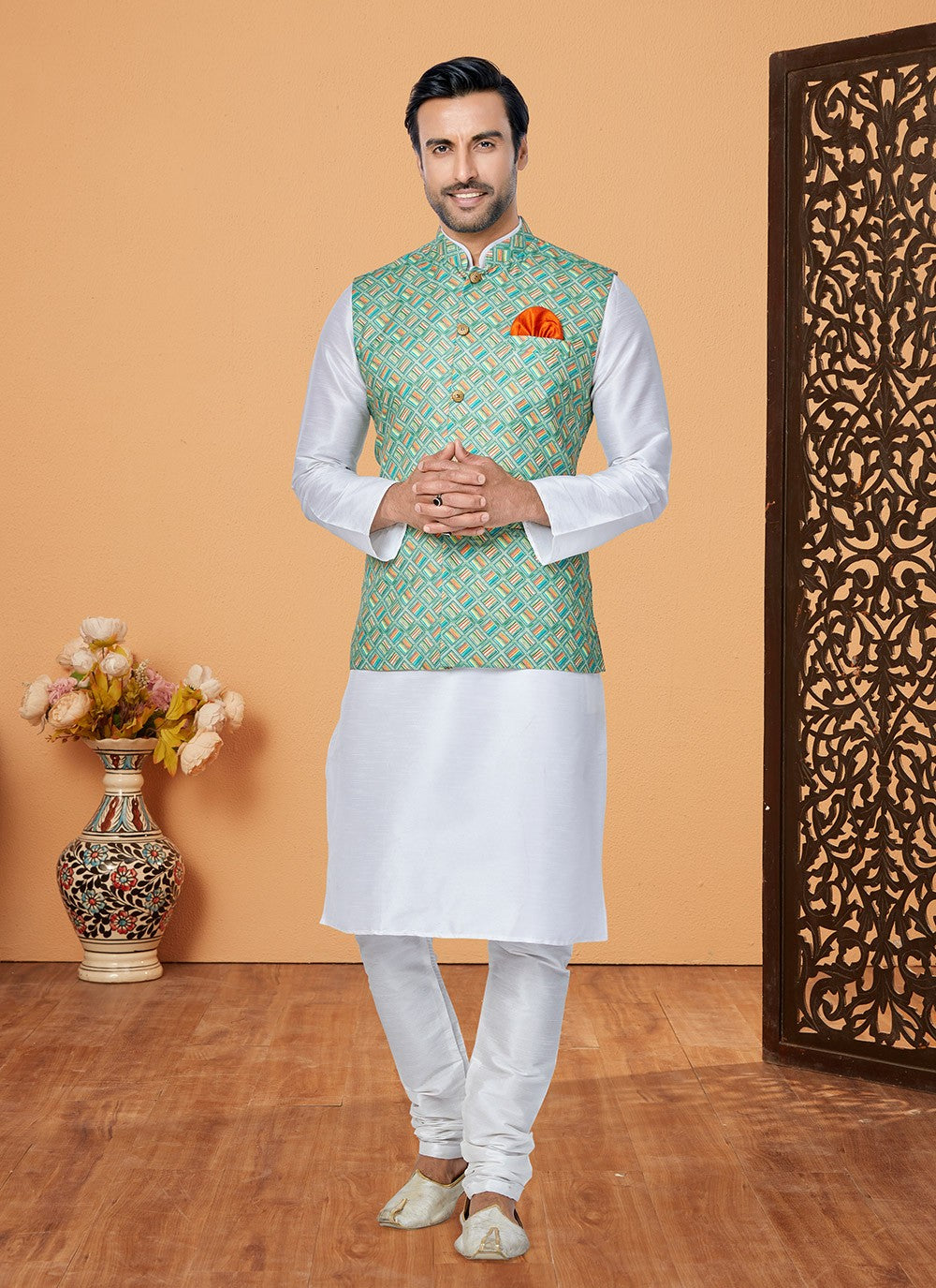 Digital Print Cotton , Dupion Silk Multi Colour, White Kurta Payjama With Jacket - M5524