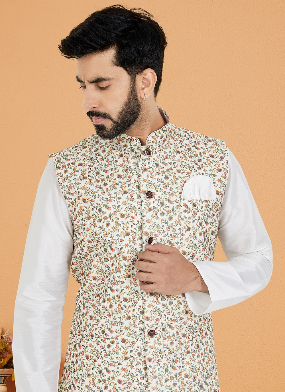 Embroidered Banarasi Silk, Polyester Multi Colour, White Kurta Payjama With Jacket - M5536