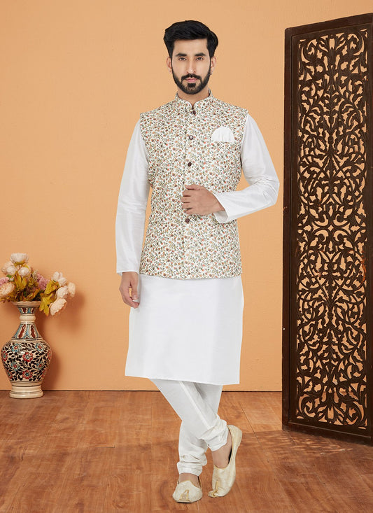 Embroidered Banarasi Silk, Polyester Multi Colour, White Kurta Payjama With Jacket - M5536
