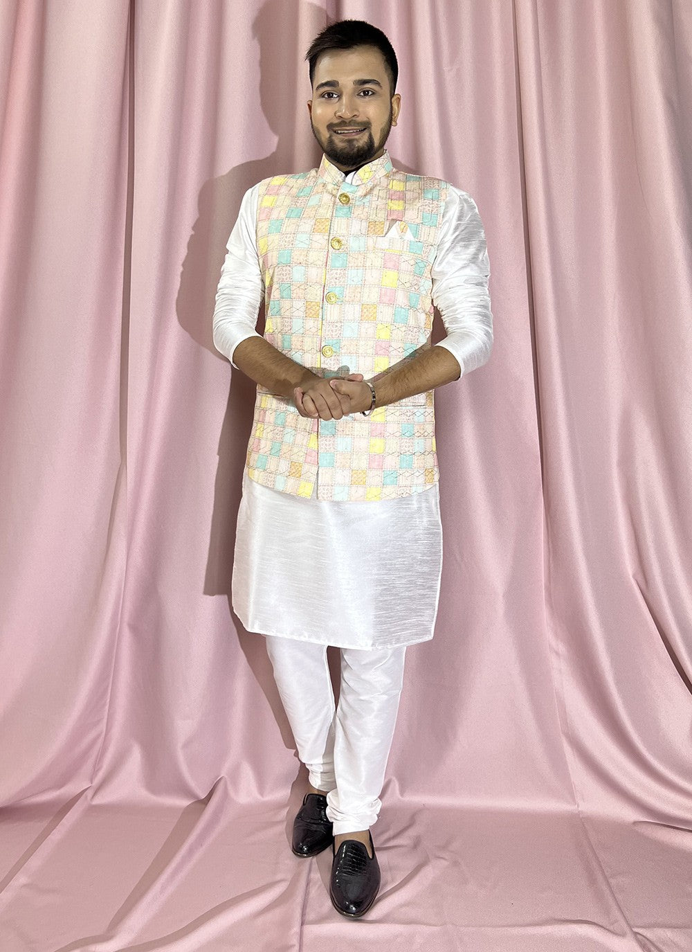 Embroidered Rayon, Silk Multi Colour, White Kurta Payjama With Jacket - M5902