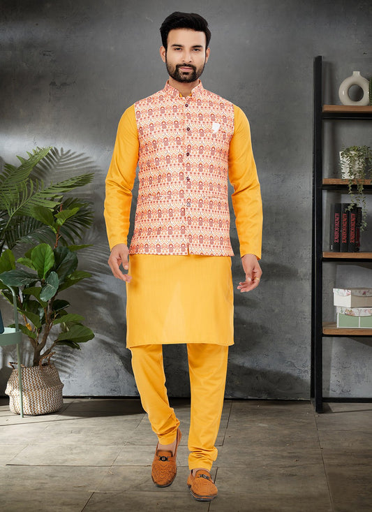 Digital Print Cotton , Silk Multi Colour, Yellow Kurta Payjama With Jacket - M6476